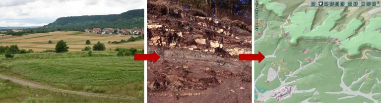 Landschaftsfoto (Links), Aufschluss (Mitte), geologischen Karte (Rechts).