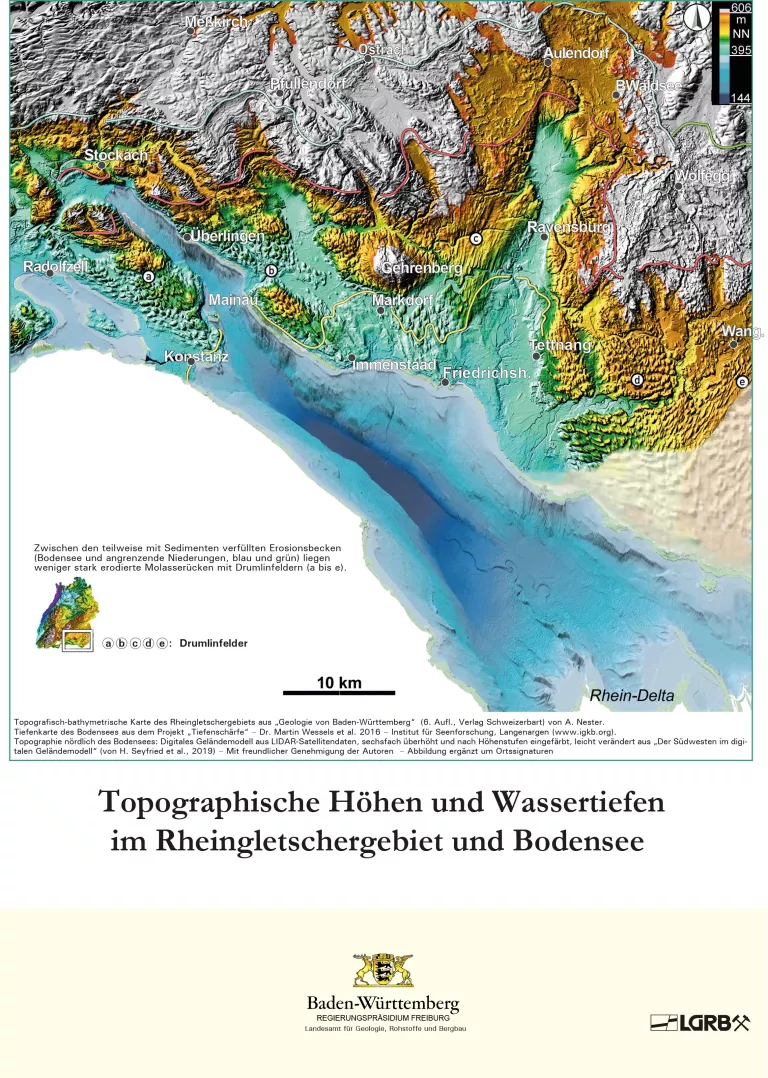 Poster: Karte der farbigen Höhenschichten Bodensee und nördlich davon