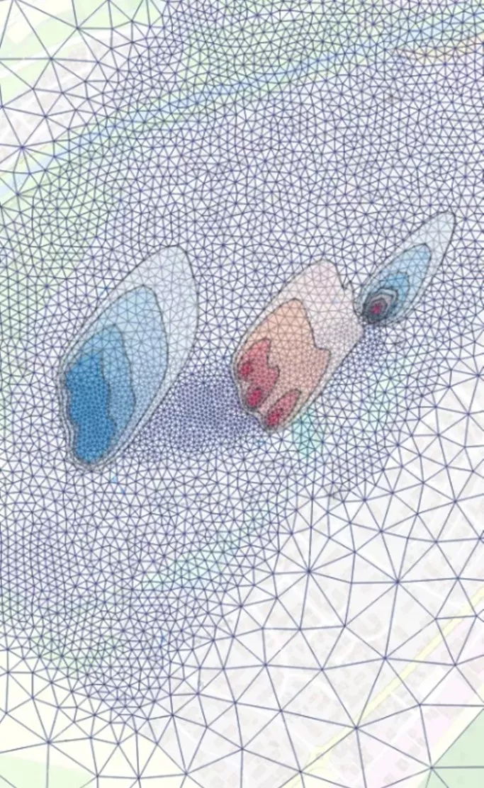 Kartenausschnitt mit blauem Dreicksgitter sowie blauen und roten Flächen