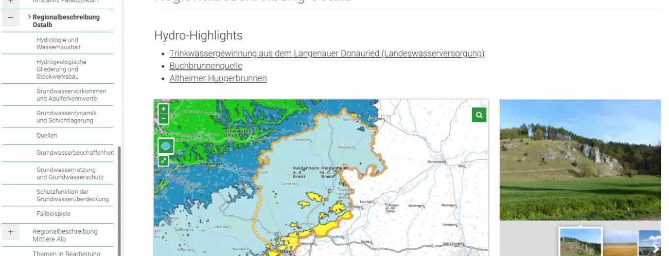 Screenshot aus LGRBwissen, Beispiel der Ostalb: auf der linken Seite der Themenbaum Hydrogeologische Regionalbeschreibungen. In der Mitte: eine vereinfachte hydrogeologische Karte mit dem Umriss der Region Ostalb. Rechts: mehrere Landschaftsfotos der Ostalb einen visuellen Eindruck der Region.