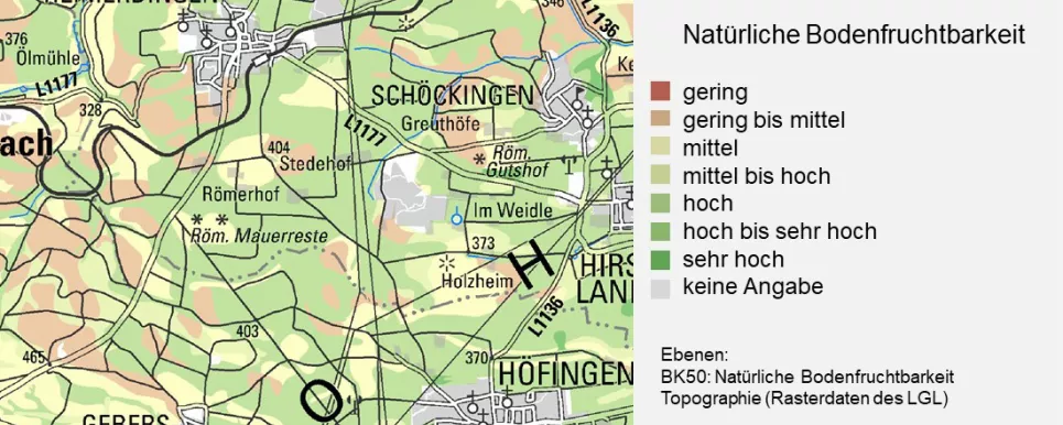 In einem Kartenausschnitt mit kleinen Dörfern, Wegen und Straßen ist flächenhaft mit roten, gelben und grünen Farbtönen die Nntürliche Bodenfruchtbarkeit von sehr gering bis sehr hoch dargestellt.