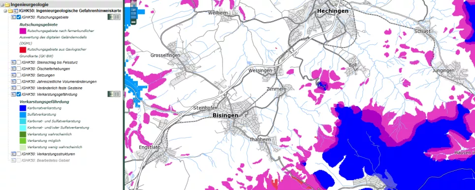 Auszug aus der Ingenieurgeologischen Gefahrenhinweiskarte von Baden-Württemberg (IGHK50) im Umfeld von Hechingen, Zollernalbkreis. Dargestellt sind die Geogefahren Rutschungen als rote und violette Flächen sowie die Verkarstungsgefährdung als blaue bis grüne Flächen. 